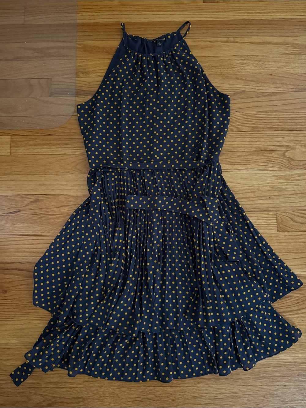 Ann Taylor Navy Dress with Mustard Polka Dots